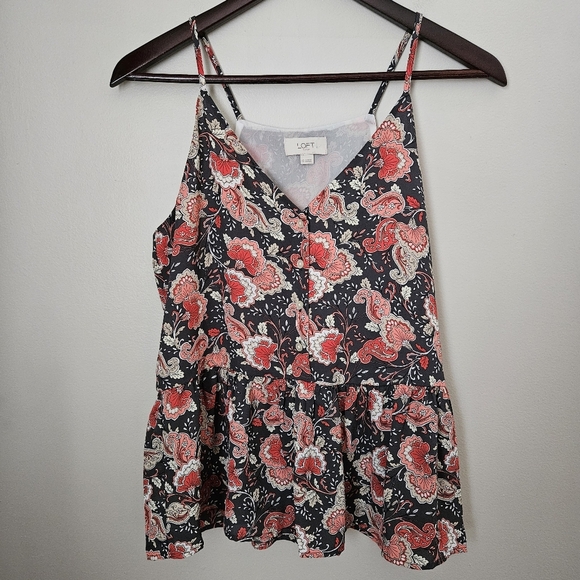 Loft Tank Top Blouse Ruffle Buttons Paisley Gray Pink Floral V-Neck Casual - Picture 1 of 11